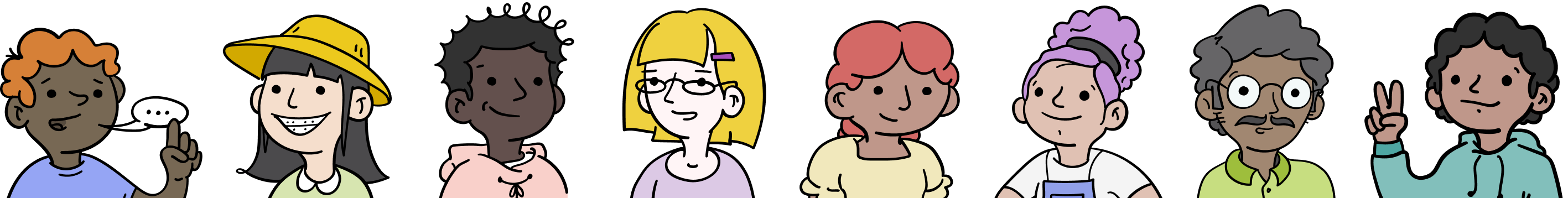 Illustration of eight separate people. One person has his hand up, another has a hat, and one person is making the peace symbol with his fingers. The people have different hair and skin colours.