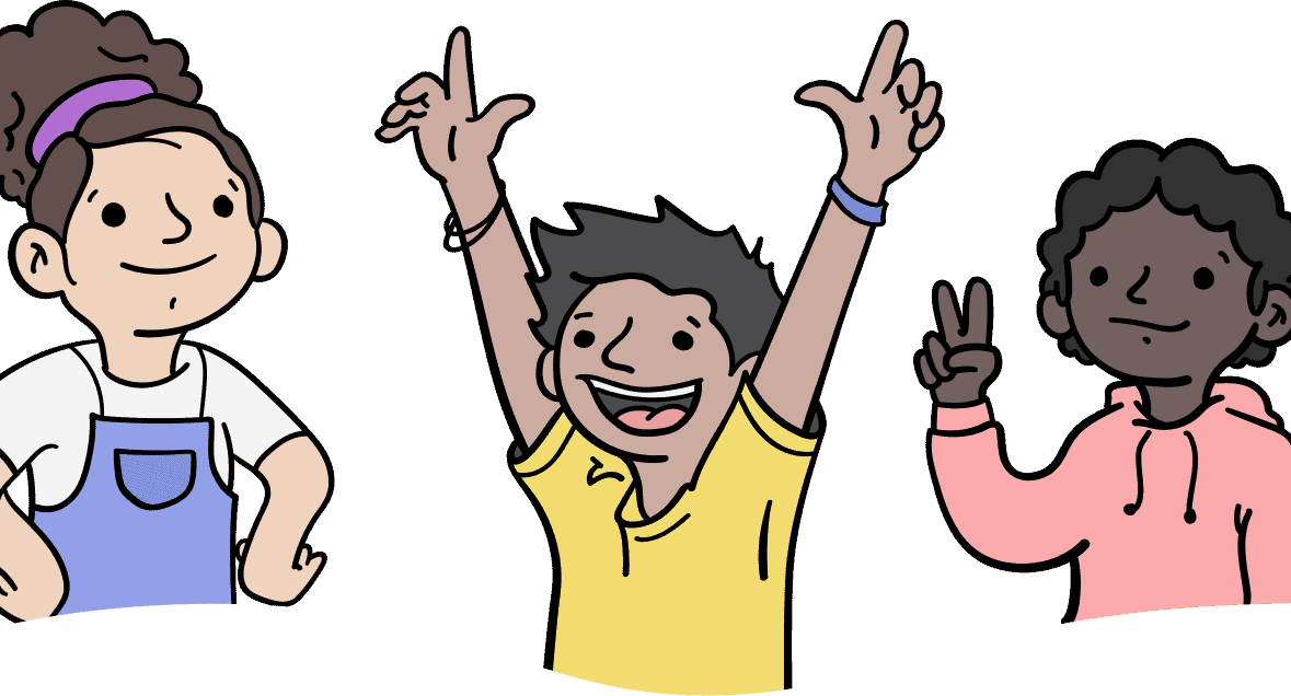 Three learners together: one with light skin and curly hair in a bun, smiling with hands on hips in a proud stance; one with medium skin and short hair, smiling with arms raised in an excited, celebratory stance; and one with deep skin and short curly hair, smiling and holding up a peace sign in a relaxed, confident stance.