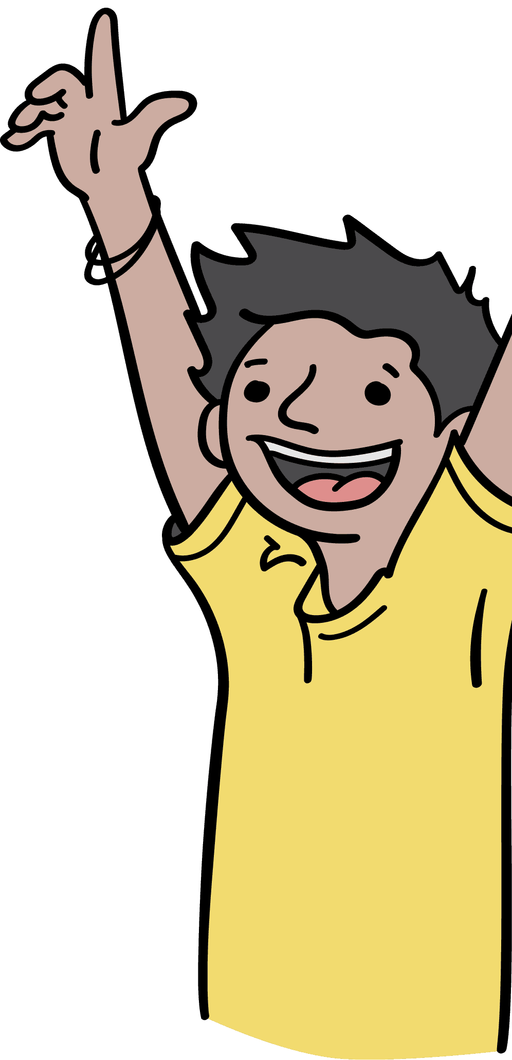 Learner with medium skin and short hair, smiling with arms raised in an excited, celebratory stance.