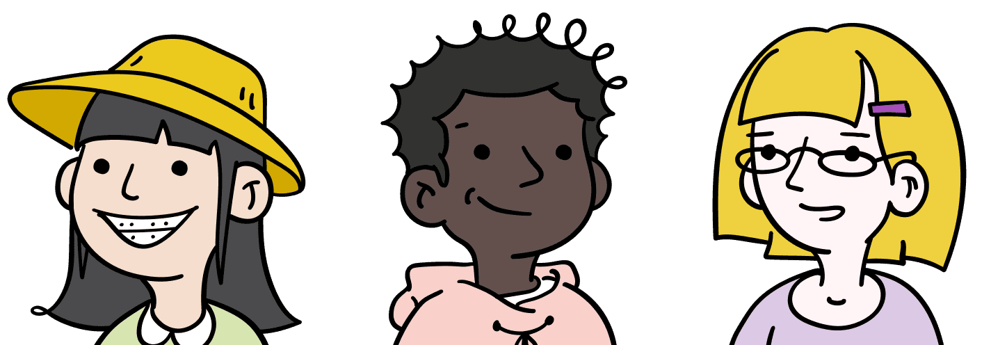 A group of diverse learners shown smiling and at ease, representing a range of identities and a sense of confidence and well-being.