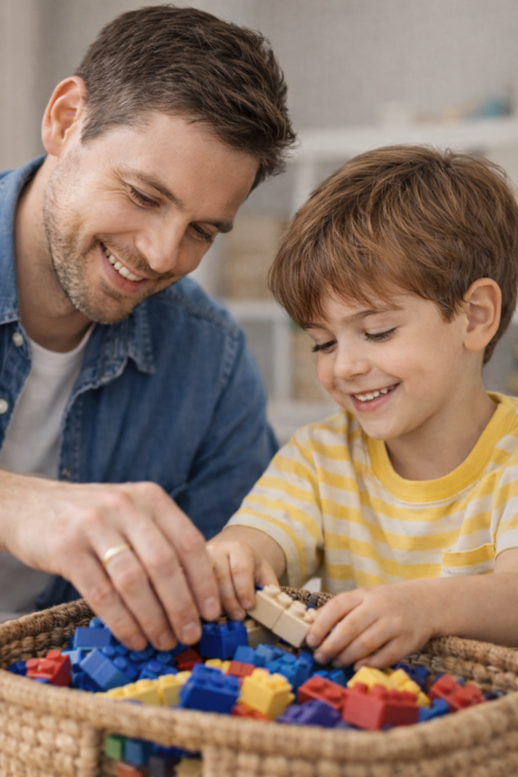 An adult and a child sitting together, building with blocks and smiling, suggesting shared play and connection.