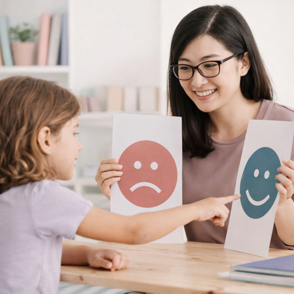 An adult showing a child two visual emotion cards, while the child points to one, suggesting communication and shared understanding.