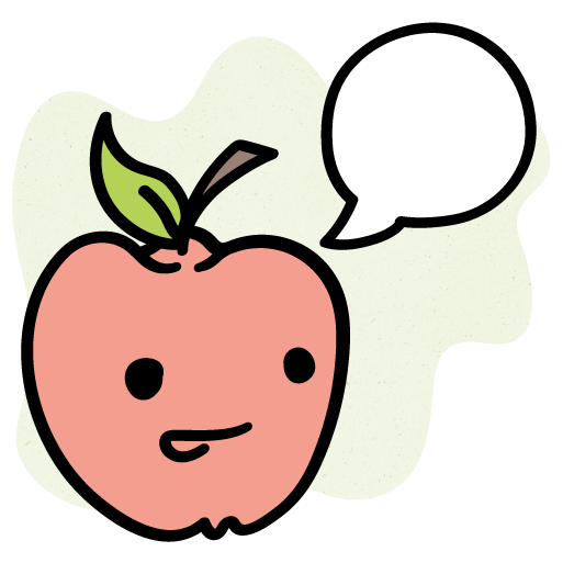Smiling apple icon with a speech bubble representing learner-friendly communication and flexible ways to support understanding.