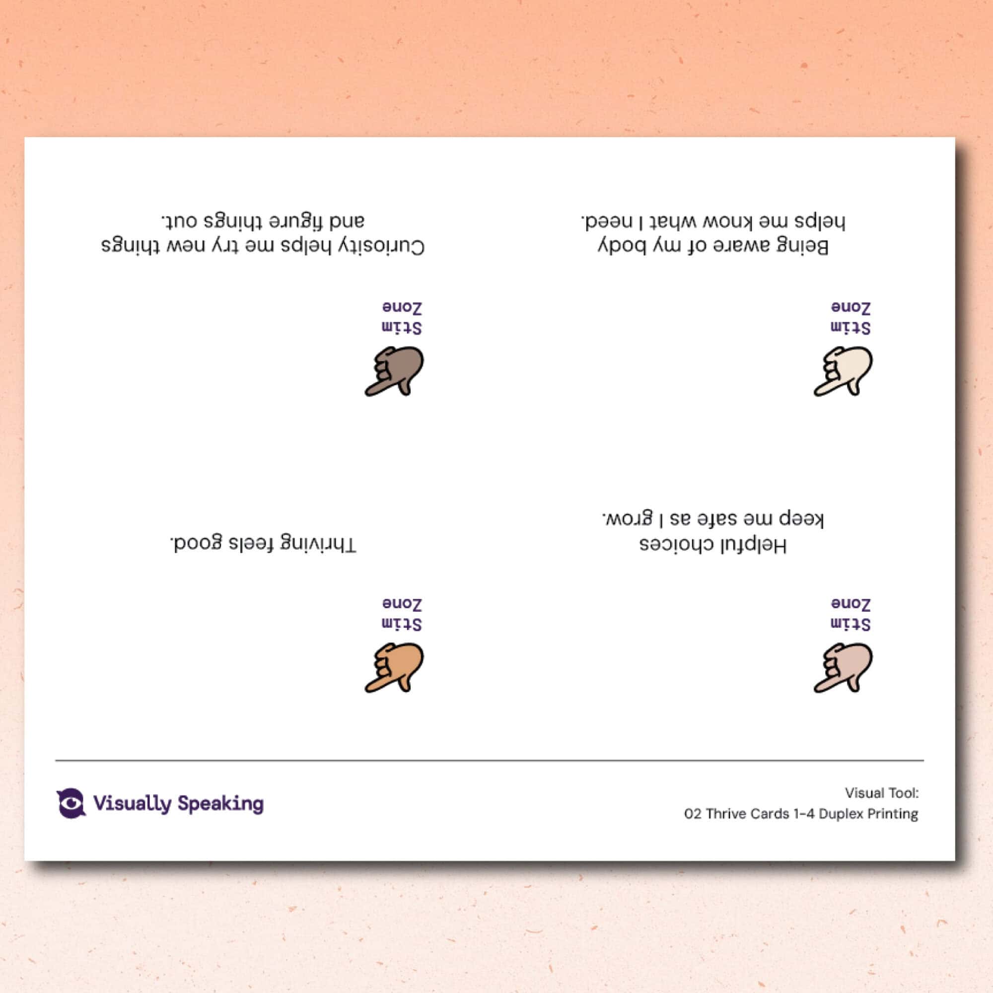Product preview for the Thrive Cards visual support tool showing a duplex printing reverse page for cards 1 through 4 in landscape format. Four reverse-side card layouts are displayed upside down and mirrored to align with automatic duplex printer settings. Each section includes a “Stim Zone” pointing-hand icon in different skin tones paired with reflection statements. Visible text includes: “Helpful choices keep me safe as I grow.” “Thriving feels good.” “Being aware of my body helps me know what I need.” and “Curiosity helps me try new things and figure things out.” The layout demonstrates the alternate reverse-side arrangement used for duplex printing.