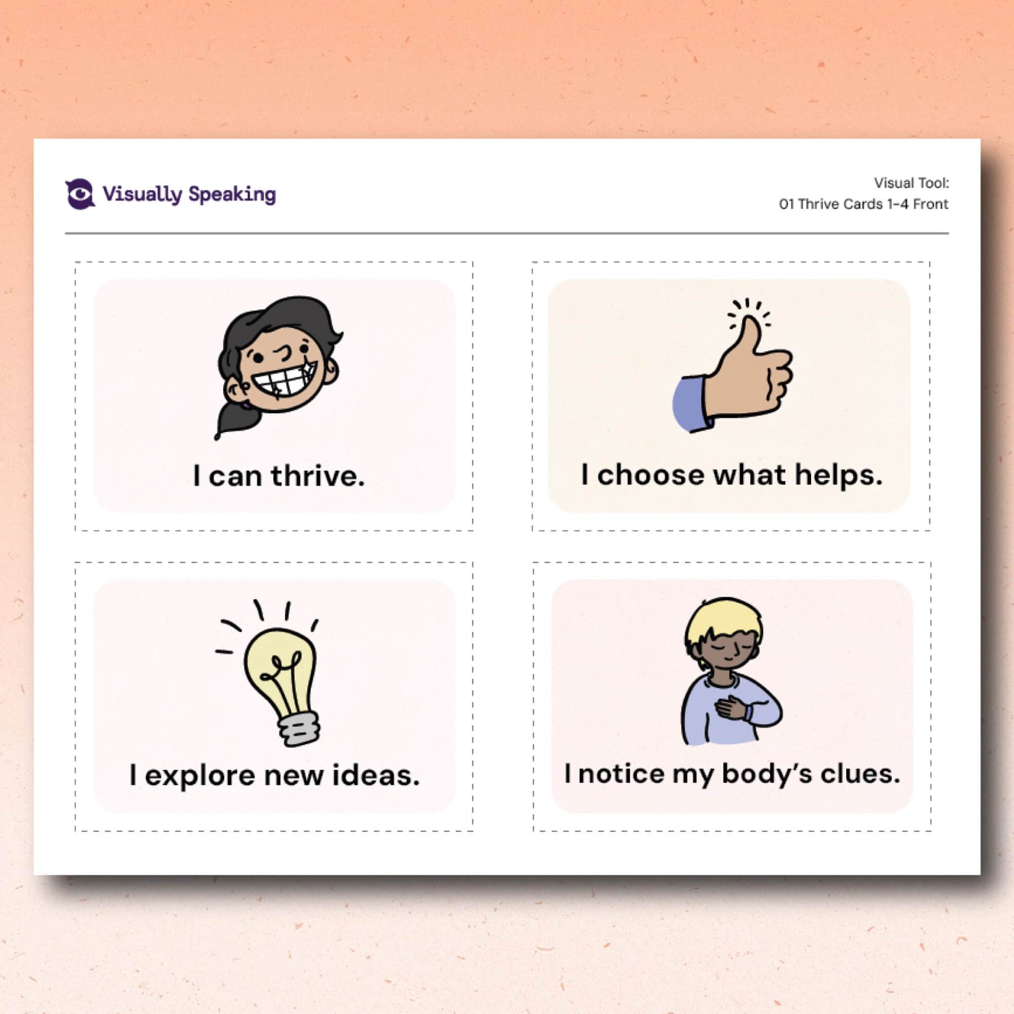 Product preview for the Thrive Cards visual support tool showing the color front versions of cards 1 through 4. Four cards appear on the printable page. The top left card shows a smiling learner with the phrase “I can thrive.” The top right card shows a thumbs-up symbol with the phrase “I choose what helps.” The bottom left card shows a light bulb with the phrase “I explore new ideas.” The bottom right card shows a learner placing a hand on their chest with the phrase “I notice my body’s clues.”
