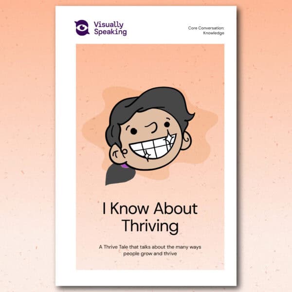 Product preview for the printed version of the “I Know About Thriving” Thrive Tale in portrait format. The book cover features a smiling learner illustration centered on a soft peach background. The title reads “I Know About Thriving,” with the subtitle “A Thrive Tale that talks about the many ways people grow and thrive.” The top of the cover includes the Visually Speaking logo and the label “Core Conversation: Knowledge.”