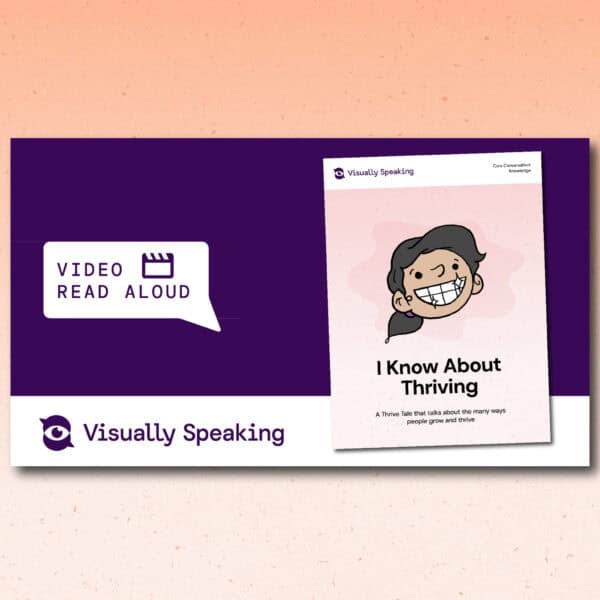 Product preview for the read-aloud version of the “I Know About Thriving” Thrive Tale. A deep plum background features a speech bubble label reading “Video Read Aloud” beside a small video icon. The “I Know About Thriving” book cover is displayed on the right side, showing a smiling learner illustration and the subtitle “A Thrive Tale that talks about the many ways people grow and thrive.” The layout represents the video or audio-supported read-aloud version of the resource.
