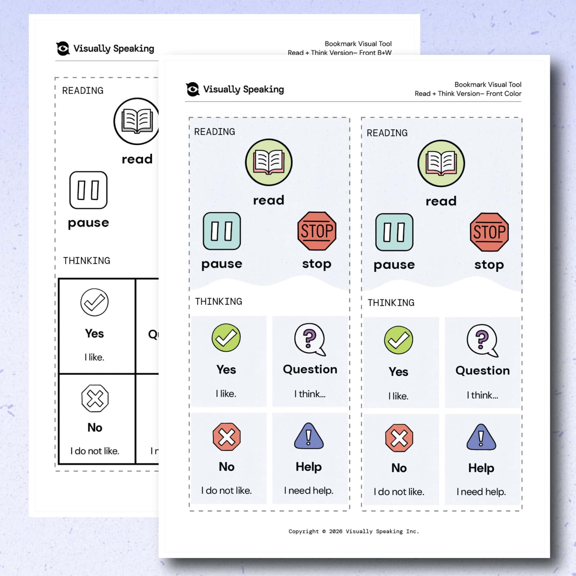 Product preview of the front side of the Bookmark Visual Tool reading and thinking version in portrait printable format. A color version is shown in the foreground with the black-and-white version partially visible behind it. The page includes read, pause, and stop icons above four response sections labeled yes, question, no, and help.