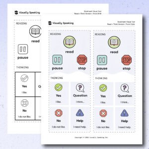 Product preview of the front side of the Bookmark Visual Tool reading and thinking version in portrait printable format. A color version is shown in the foreground with the black-and-white version partially visible behind it. The page includes read, pause, and stop icons above four response sections labeled yes, question, no, and help.