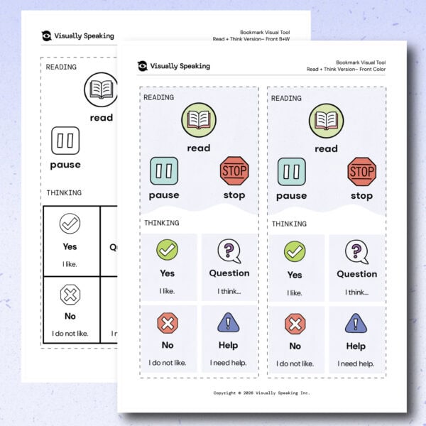 Product preview of the front side of the Bookmark Visual Tool reading and thinking version in portrait printable format. A color version is shown in the foreground with the black-and-white version partially visible behind it. The page includes read, pause, and stop icons above four response sections labeled yes, question, no, and help.