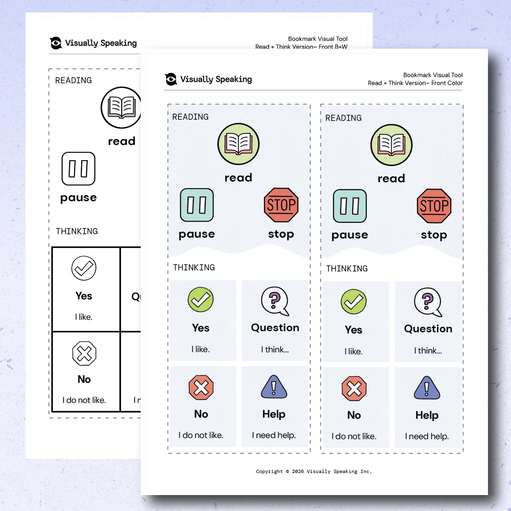 Product preview of the front side of the Bookmark Visual Tool reading and thinking version in portrait printable format. A color version is shown in the foreground with the black-and-white version partially visible behind it. The page includes read, pause, and stop icons above four response sections labeled yes, question, no, and help.