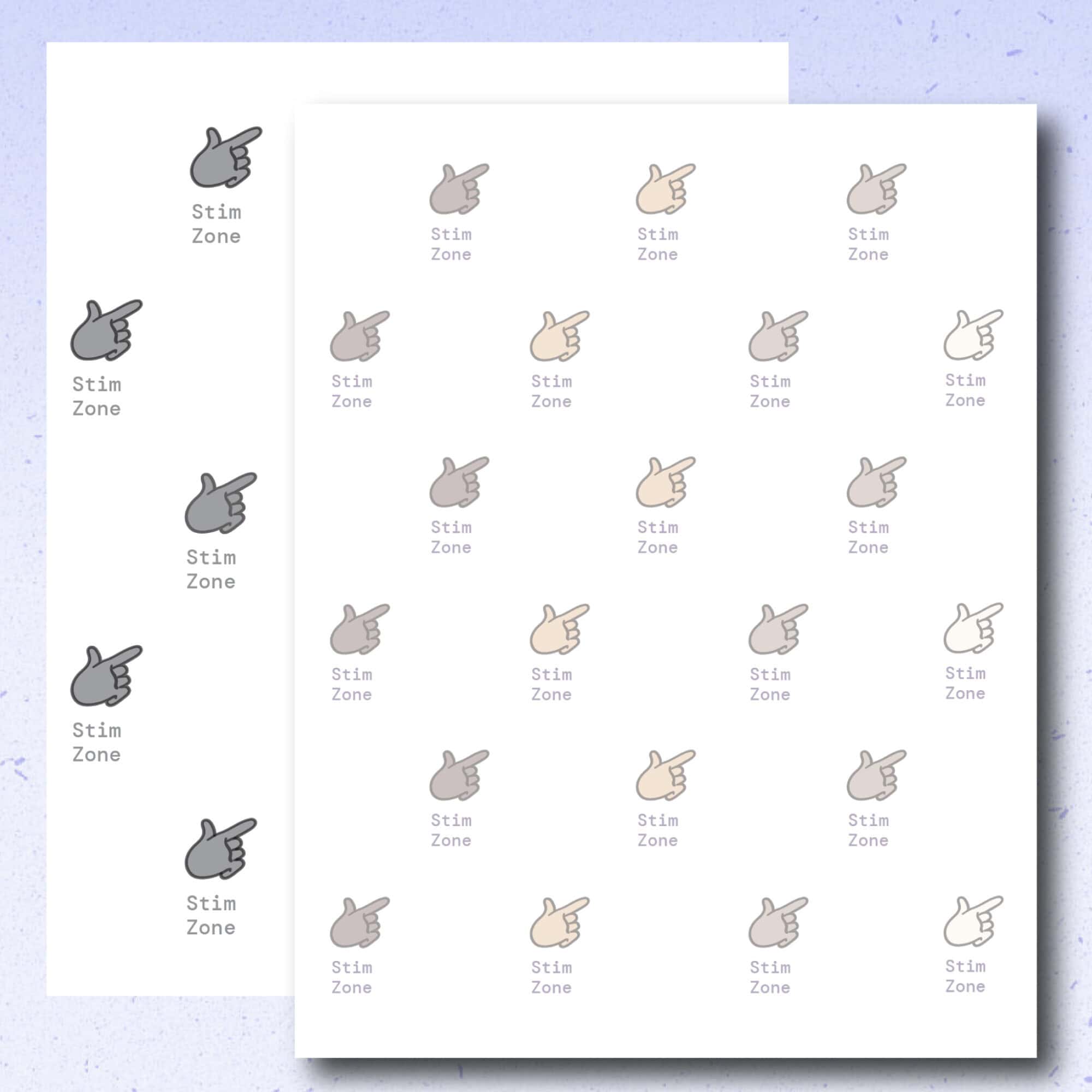 Product preview of the reverse side of the Bookmark Visual Tool reading and thinking version in portrait printable format. A color version is shown in the foreground with the black-and-white version partially visible behind it. The page includes repeated Stim Zone™️ labeled icons.