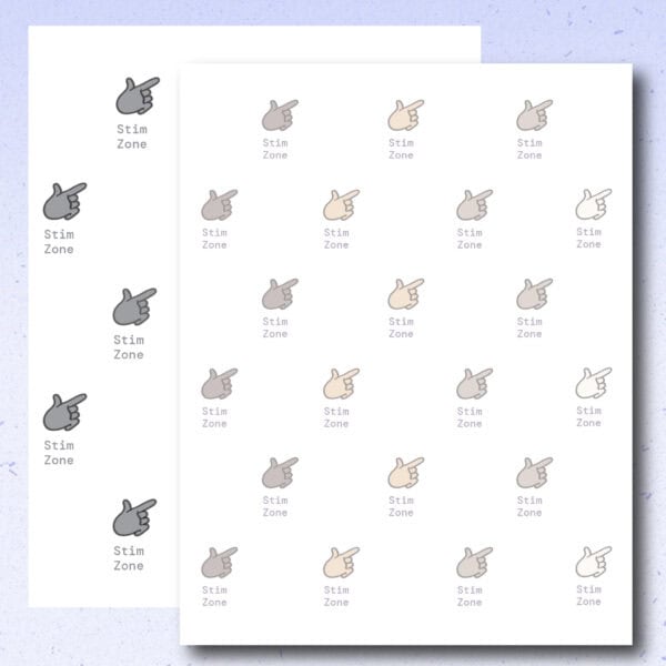 Product preview of the reverse side of the Bookmark Visual Tool reading and thinking version in portrait printable format. A color version is shown in the foreground with the black-and-white version partially visible behind it. The page includes repeated Stim Zone™️ labeled icons.