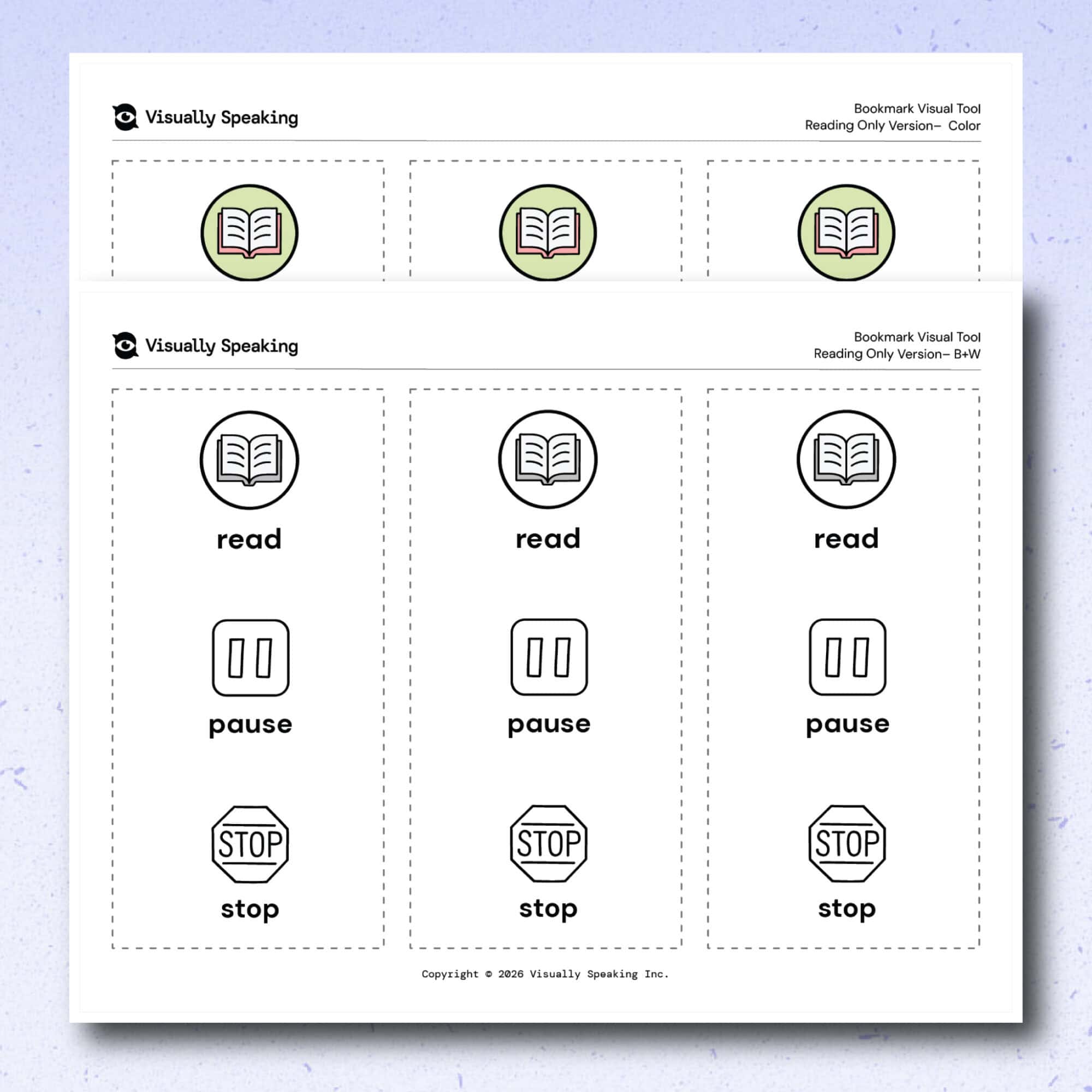 Product preview of the front side of the Bookmark Visual Tool reading-only version in landscape printable format. A black-and-white version is shown in the foreground with the colour version partially visible behind it. The page shows three reading icons arranged vertically: read, pause, and stop.