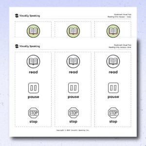 Product preview of the front side of the Bookmark Visual Tool reading-only version in landscape printable format. A black-and-white version is shown in the foreground with the colour version partially visible behind it. The page shows three reading icons arranged vertically: read, pause, and stop.