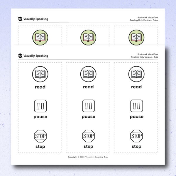 Product preview of the front side of the Bookmark Visual Tool reading-only version in landscape printable format. A black-and-white version is shown in the foreground with the colour version partially visible behind it. The page shows three reading icons arranged vertically: read, pause, and stop.