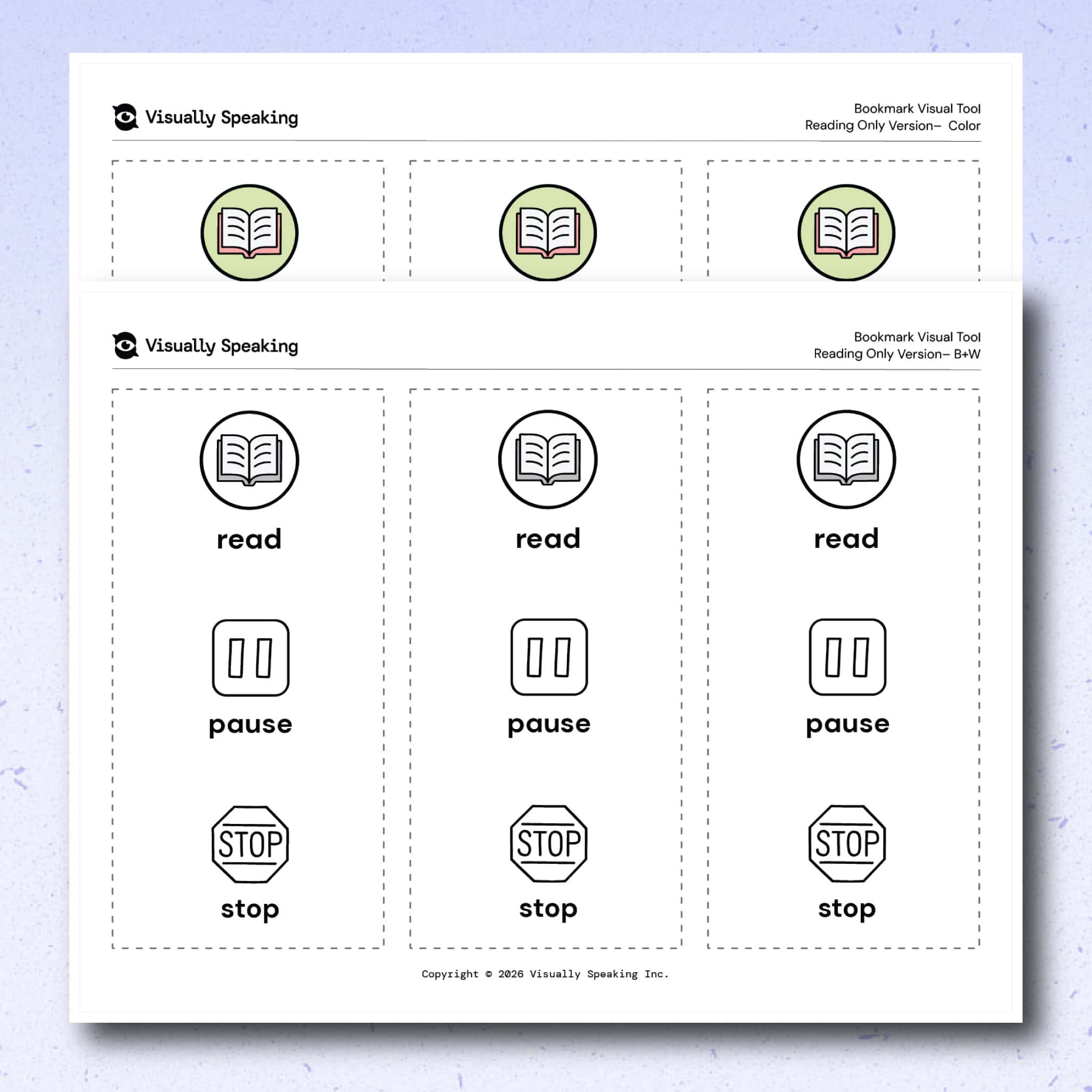 Product preview of the front side of the Bookmark Visual Tool reading-only version in landscape printable format. A black-and-white version is shown in the foreground with the colour version partially visible behind it. The page shows three reading icons arranged vertically: read, pause, and stop.