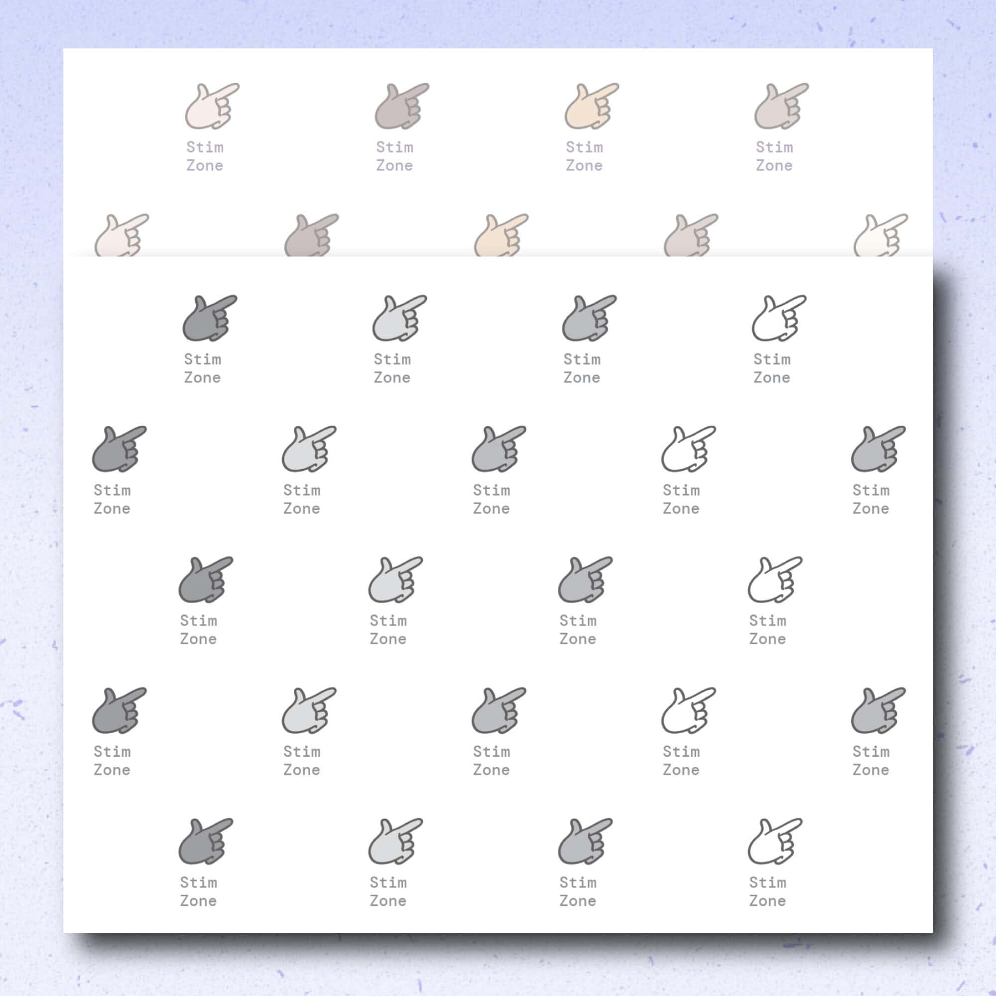 Product preview of the reverse side of the Bookmark Visual Tool reading-only version in landscape printable format. A black-and-white version is shown on top with the colour version partially visible behind it. The page includes repeated Stim Zone labeled icon areas.