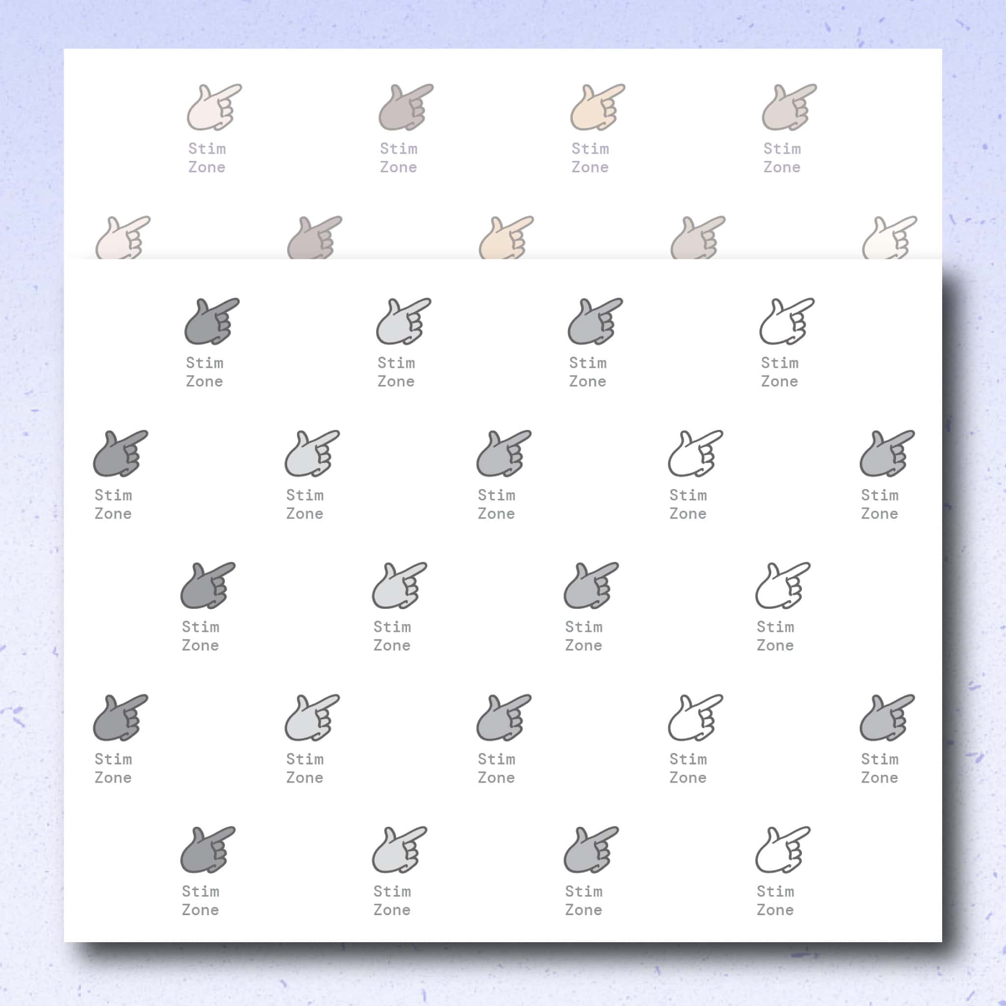 Product preview of the reverse side of the Bookmark Visual Tool reading-only version in landscape printable format. A black-and-white version is shown on top with the colour version partially visible behind it. The page includes repeated Stim Zone labeled icon areas.