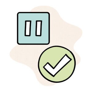 Cover image for the Pause + Done visual support tool featuring a teal pause symbol and a green checkmark done symbol over a soft neutral background.
