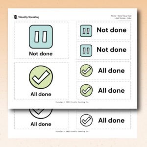 Product preview of the Pause + Done Visual Tool label version in landscape printable format. A color version is shown in the foreground with the black-and-white version partially visible behind it. The page includes quarter-page cards and smaller labels featuring “Not done” and “All done” visuals.