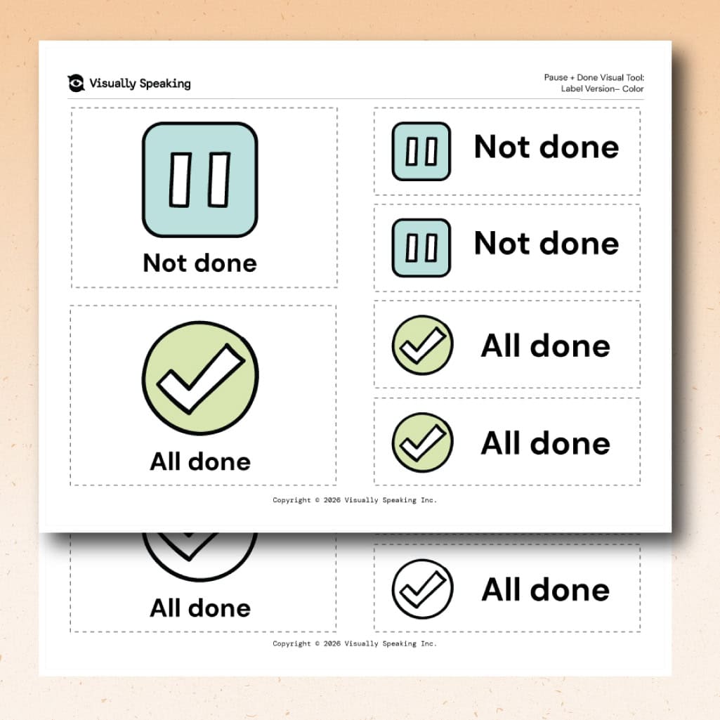 Product preview of the Pause + Done Visual Tool label version in landscape printable format. A color version is shown in the foreground with the black-and-white version partially visible behind it. The page includes quarter-page cards and smaller labels featuring “Not done” and “All done” visuals.