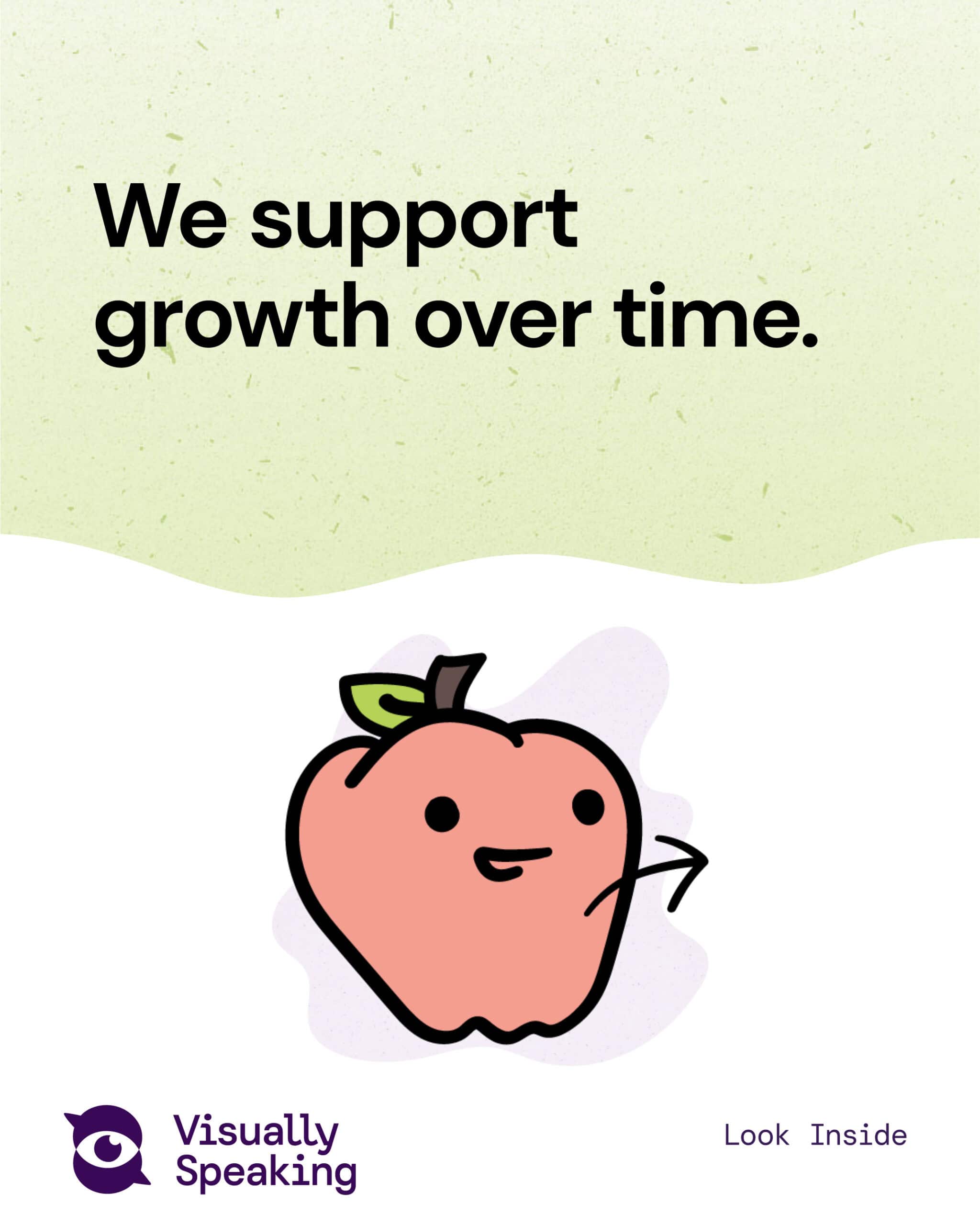 “We support growth over time” in bold text over a soft green background, accompanied by an apple and arrow illustration.